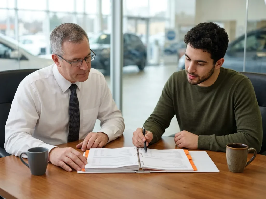 Dealership controller and an IT engineer reviewing a printed restore test report in a binder with orange tabs at a conference table