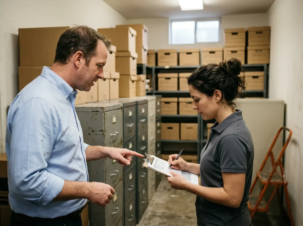 Dealership general manager pointing at filing cabinets in a back-office records room while an IT technician notes them on a clipboard during a risk assessment walk-through