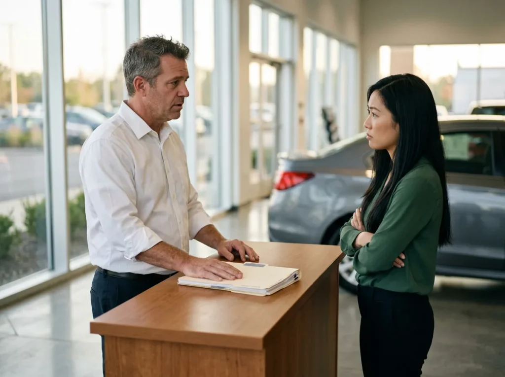 Sales manager with his hand on a folder of customer files talking with a salesperson at a sales desk on the showroom floor