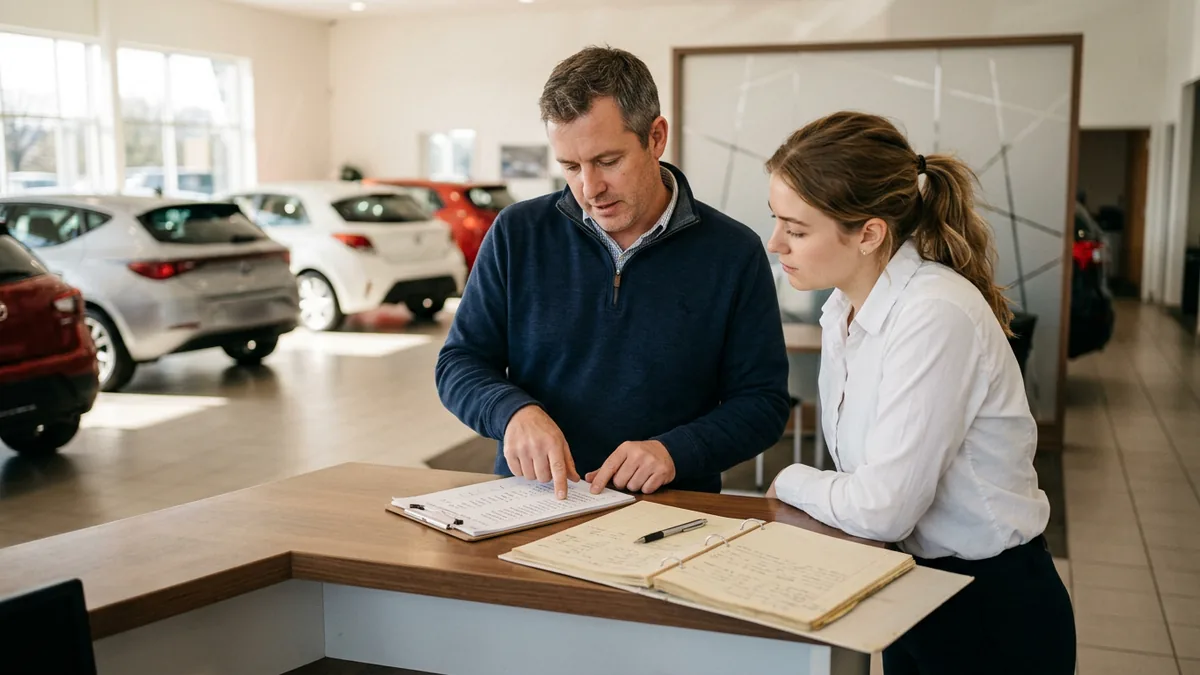 Dealership sales manager and salesperson reviewing a printed lead list and paper desk log at the sales desk