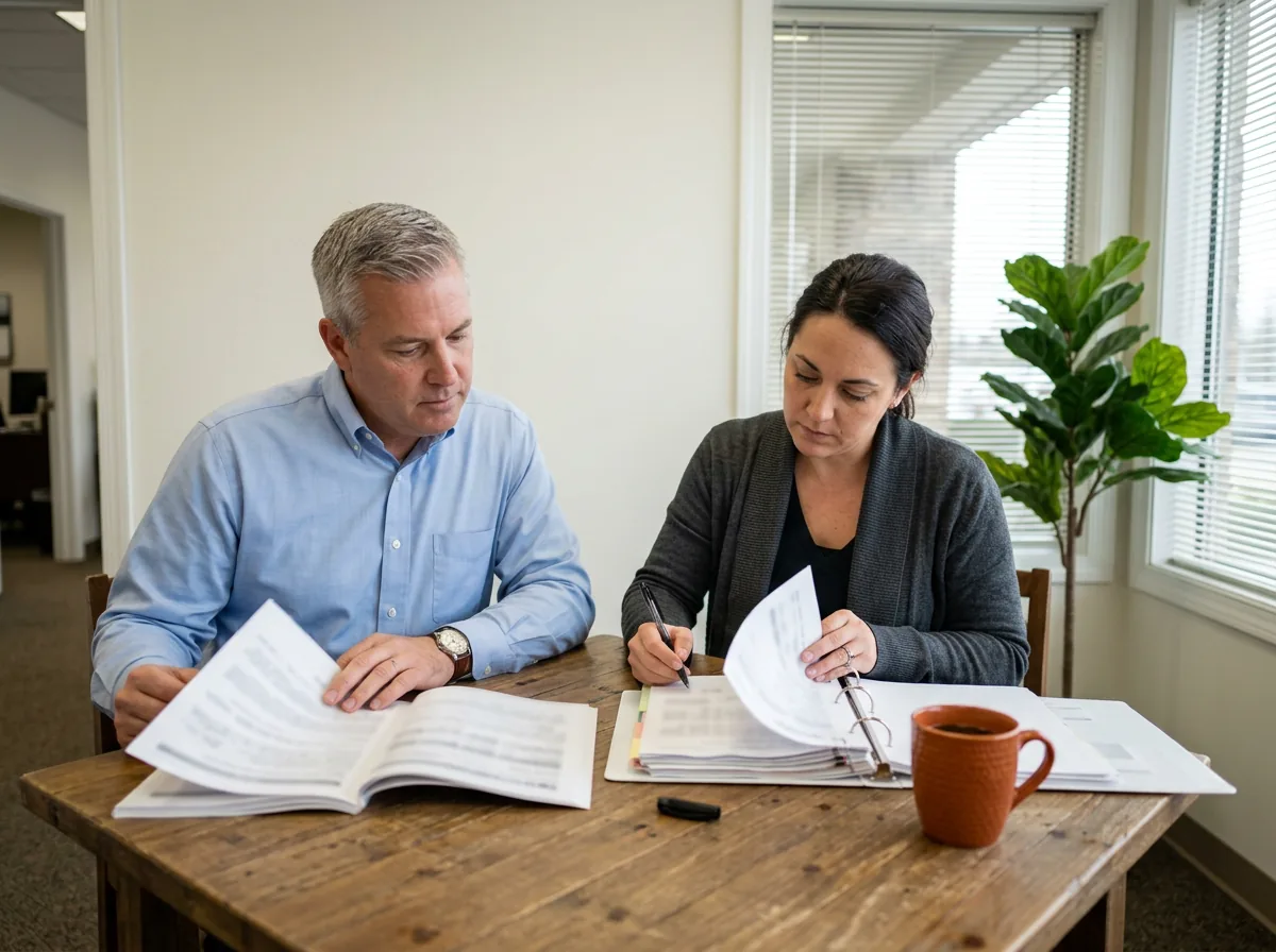 Dealer principal and office manager going through printed audit paperwork and a binder at a conference table in a dealership office