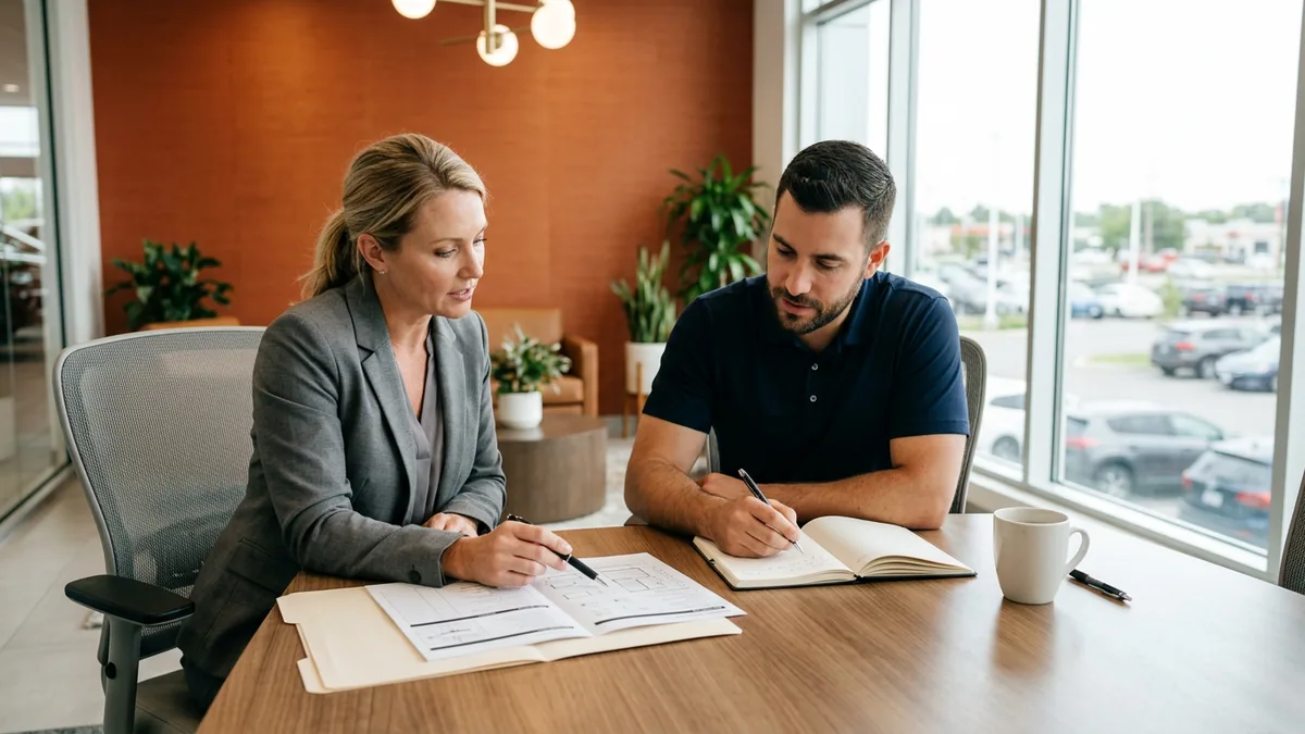 Dealership controller and technology advisor going through a printed security gap list line by line before an ISO 27001 or TISAX audit