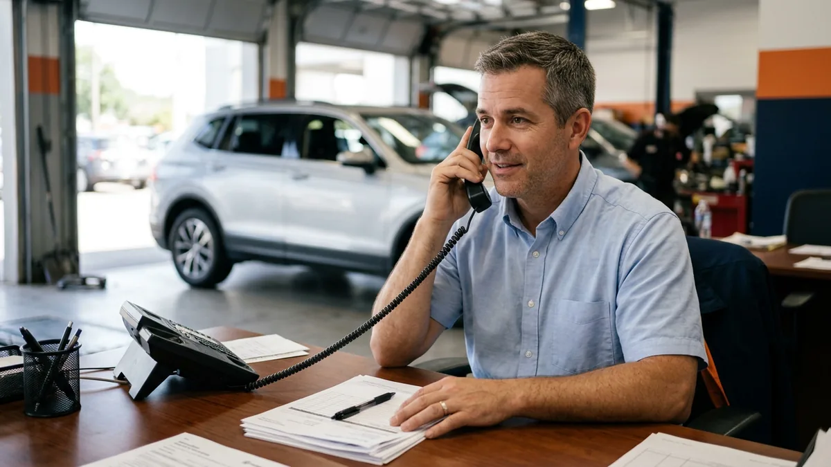 Dealership service advisor on the desk phone with a customer, a printed repair order under his hand