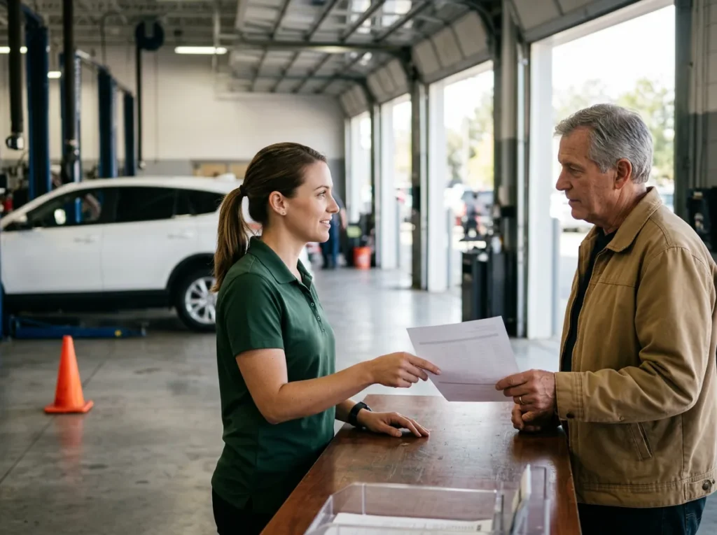 Service advisor at a car dealership service drive handing a printed notice to a customer across the counter