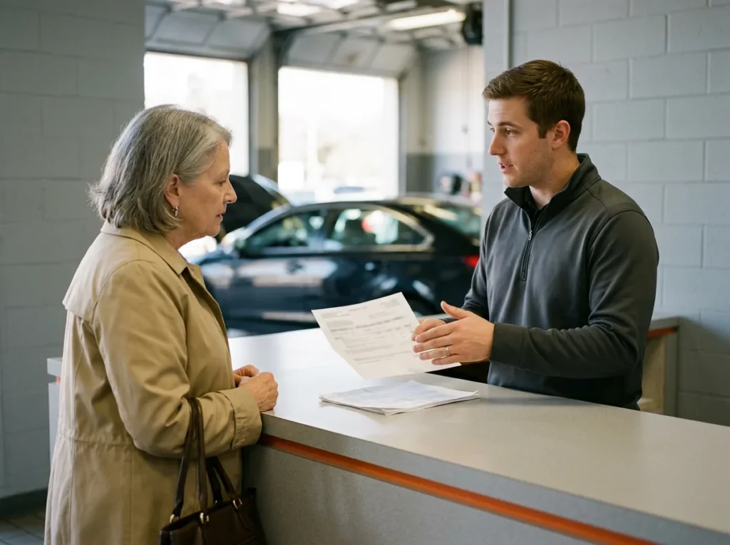 Service advisor explaining a printed repair order to an older customer at the service drive write-up counter