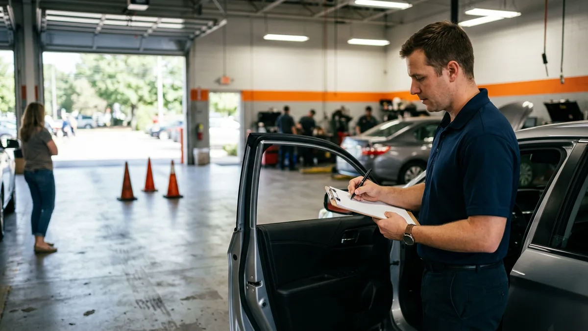 Service advisor hand-writing a repair order on a paper clipboard in a dealership service drive, as stores did during the June 2024 CDK Global outage