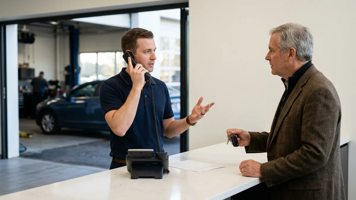 Service advisor on the phone with the IT help desk at a dealership service counter while a customer waits
