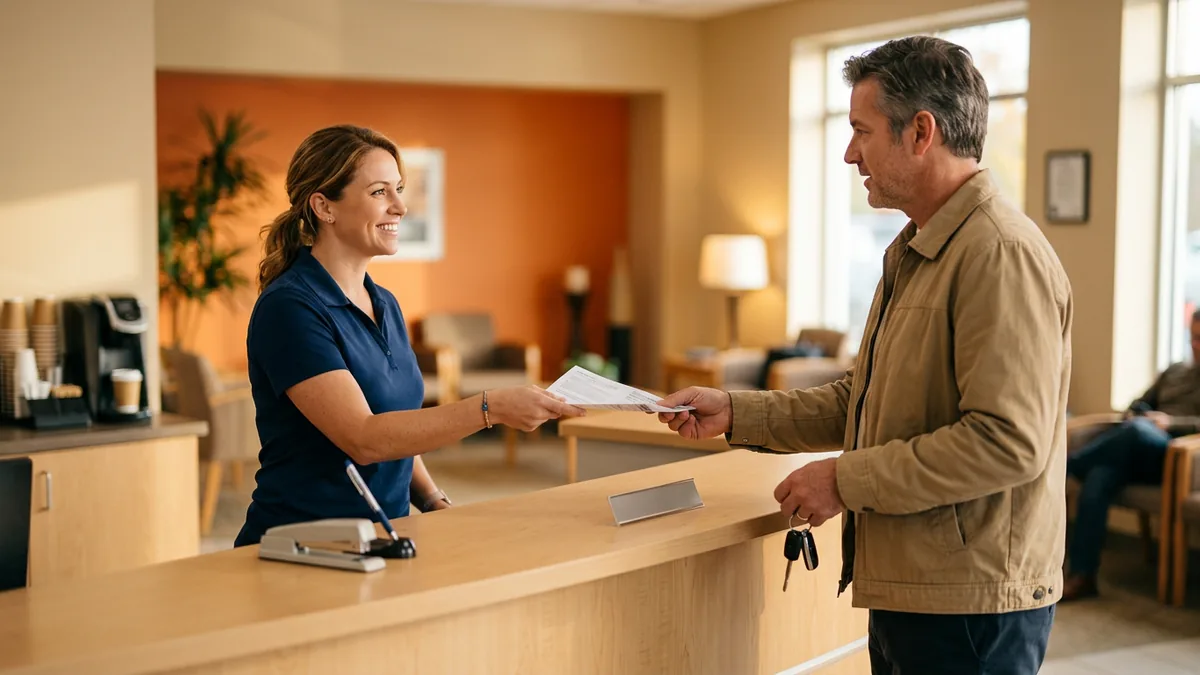 Dealership service cashier handing a printed repair order to a customer holding his car keys at the counter