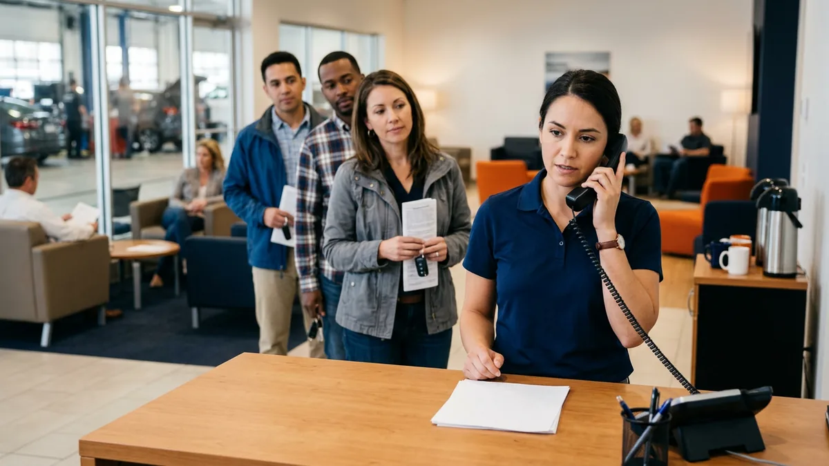 Service cashier on the phone with IT support while customers wait to pay during a store outage at a dealership