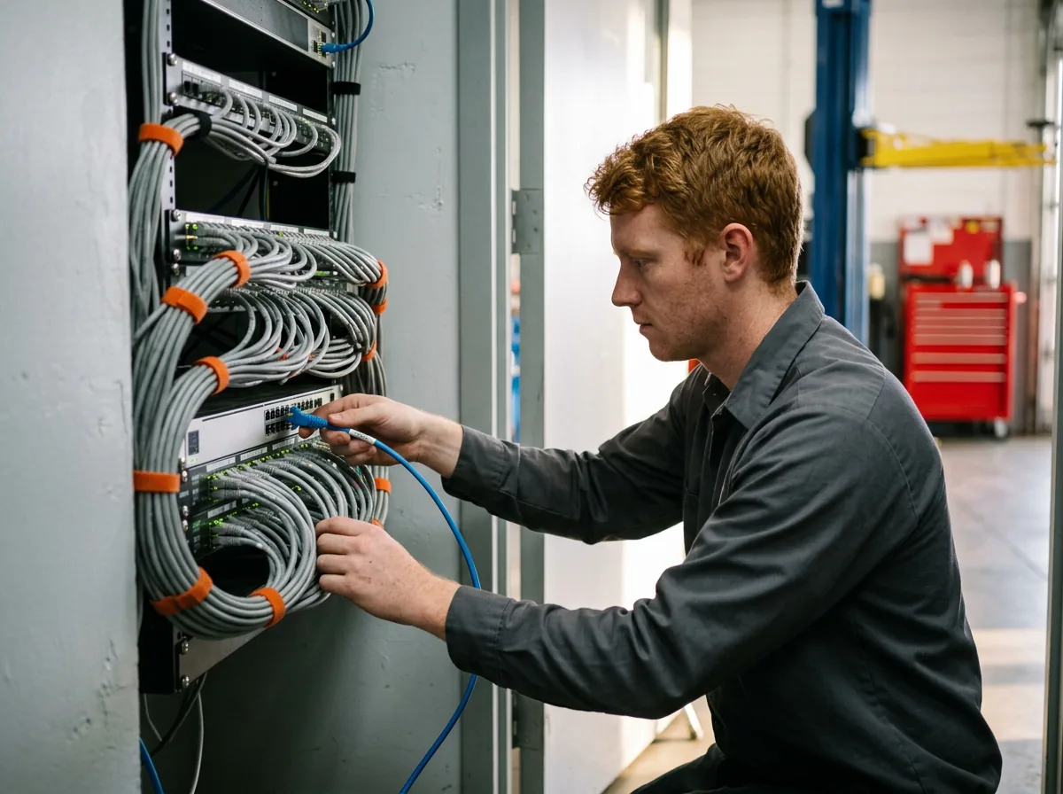 Field IT technician seating a patch cable in a tidy network rack in a closet off a dealership service department
