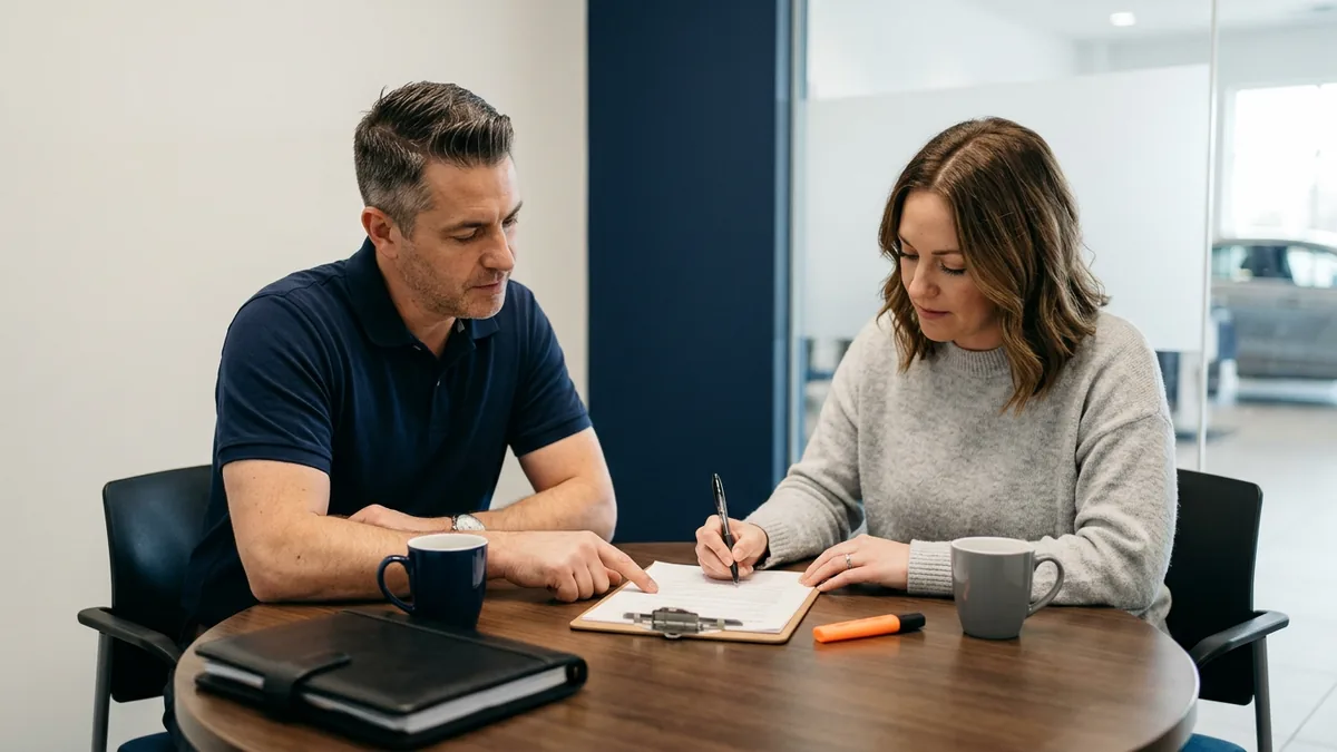 Service director and IT manager writing a one-page AI implementation plan on a clipboard at a dealership meeting table
