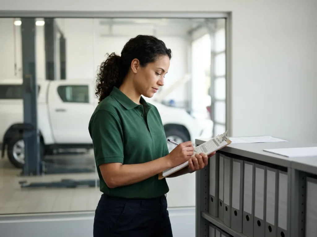 Dealership service director signing a printed page on a clipboard beside a shelf of binders, with the service bay visible through the glass behind her