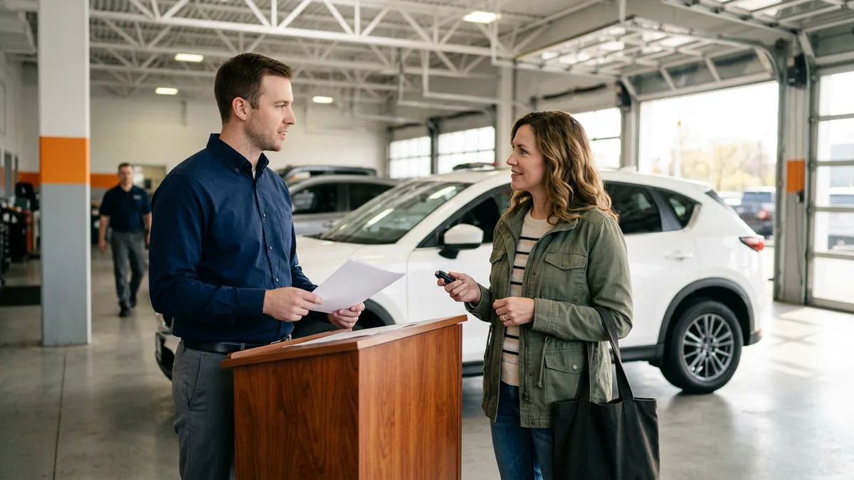 Service advisor going over a printed repair order with a customer in a dealership service drive