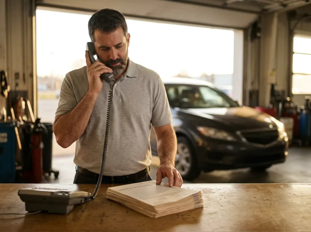 Service advisor on a desk phone at a dealership service counter early in the morning as a car pulls into the service drive