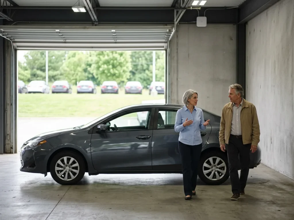 Service advisor talking with a customer beside a sedan in a dealership service drive, with a wireless access point on the wall and the lot outside