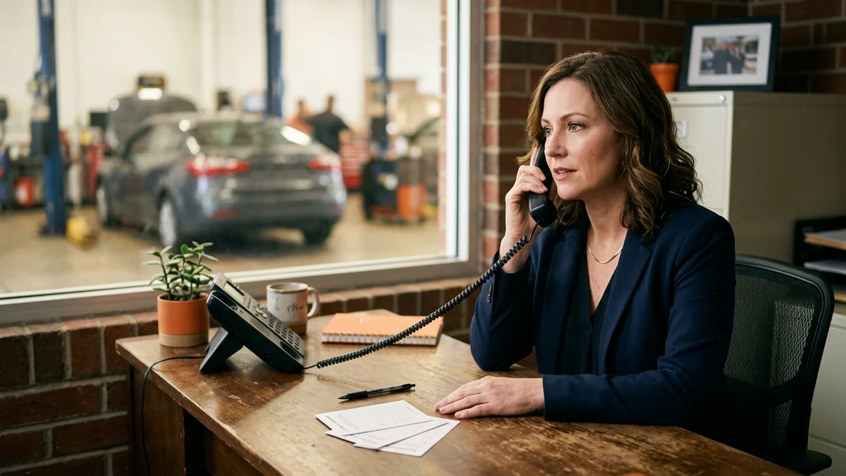 Dealership service manager on the desk phone calling a customer back, with printed customer comments on her desk