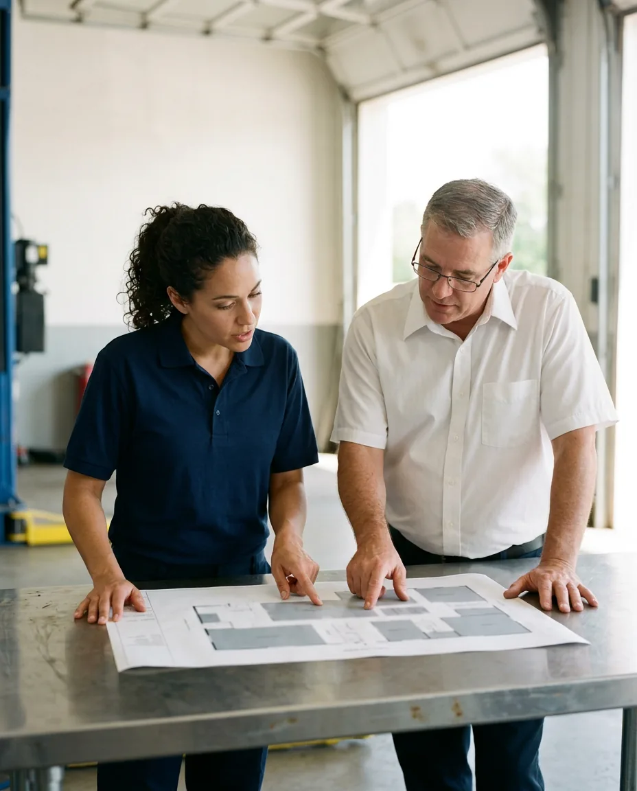 Dealership IT technician and a service manager leaning over a steel workbench, pointing at a printed floor plan of the service shop