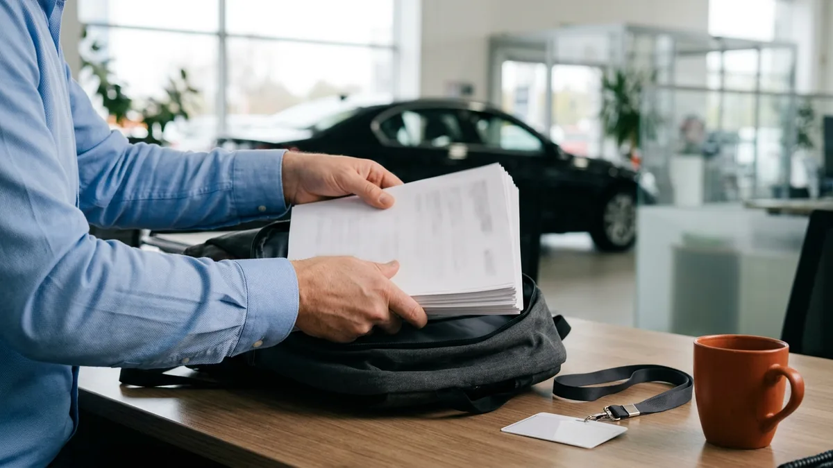 Employee sliding a stack of printed customer reports into a personal backpack at a dealership desk, showing how customer data leaves with people