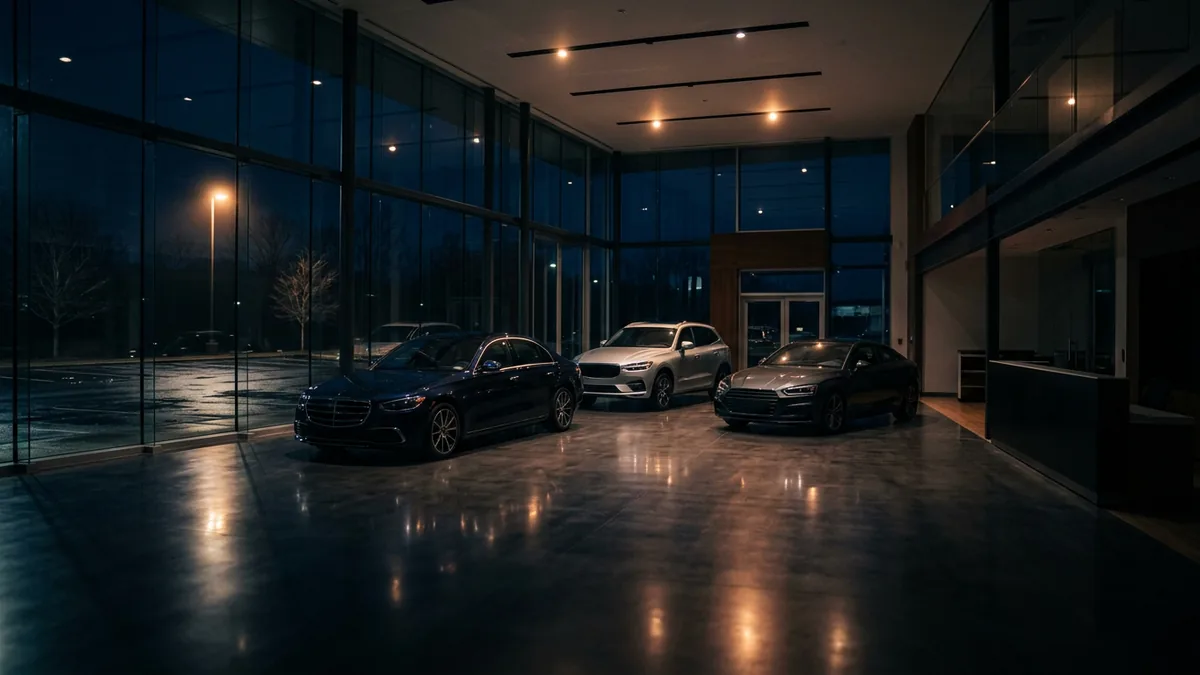 Empty car dealership showroom at night, the hours when security monitoring has to keep running