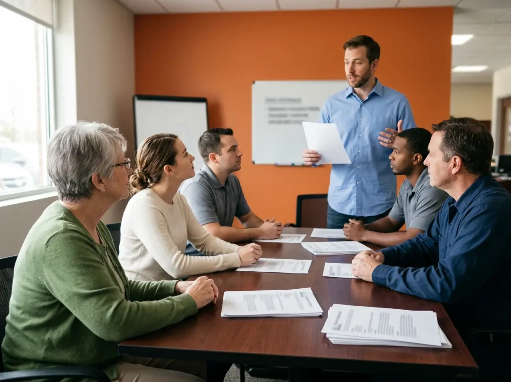 Trainer holding a printed page while a service advisor, a BDC representative, a parts employee and an office manager listen around a table in a dealership training room