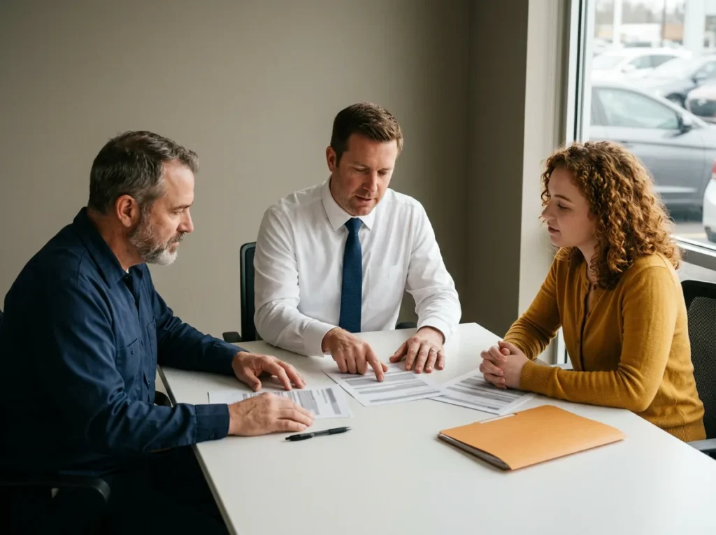 Service advisor, finance manager and BDC coordinator reviewing printed AI use rules at a conference table in a dealership