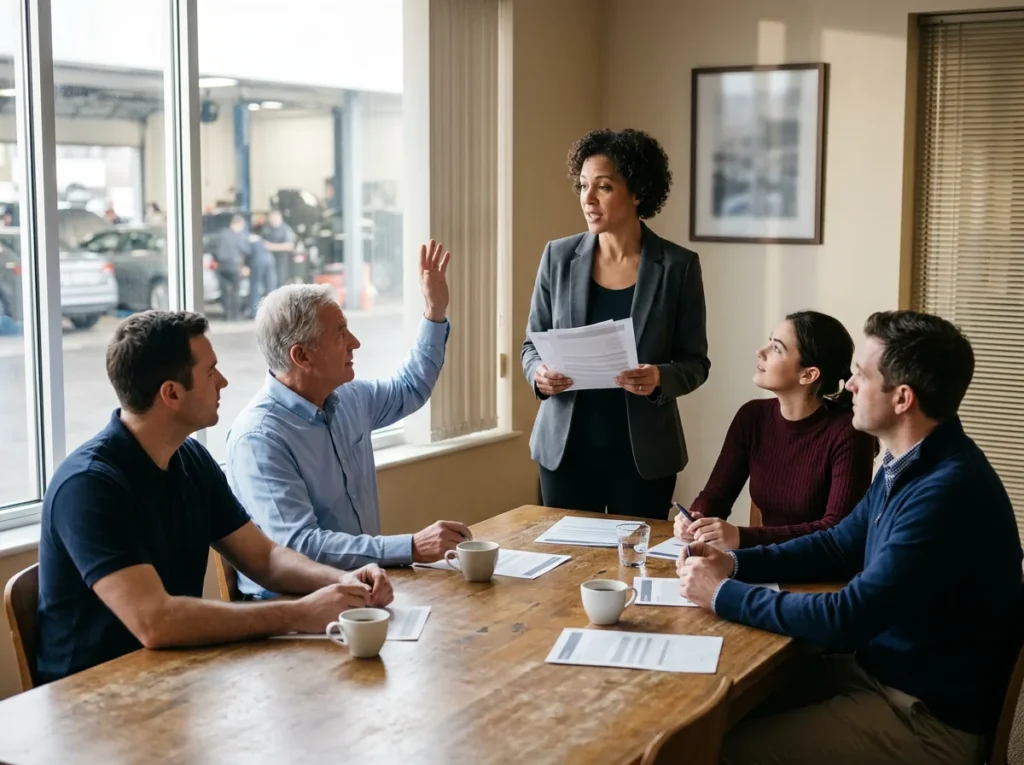 Trainer holding printed handouts leading a small security awareness session for dealership employees around a conference table
