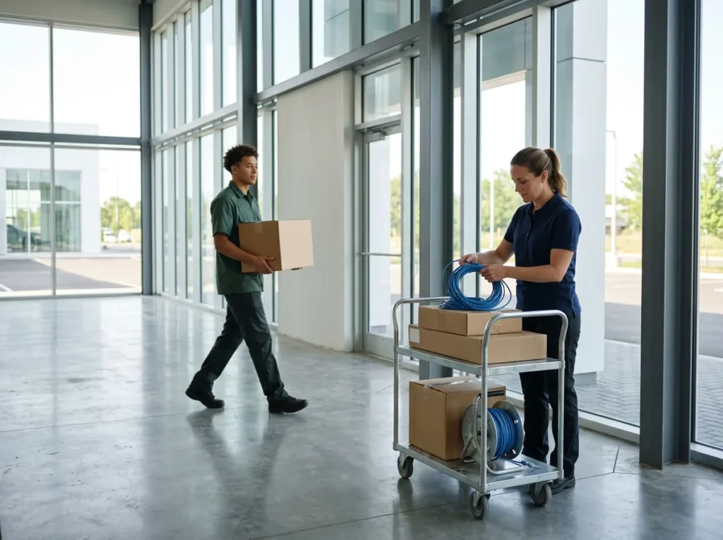 Two IT technicians moving boxes and a reel of blue network cable through an empty new dealership showroom on moving day