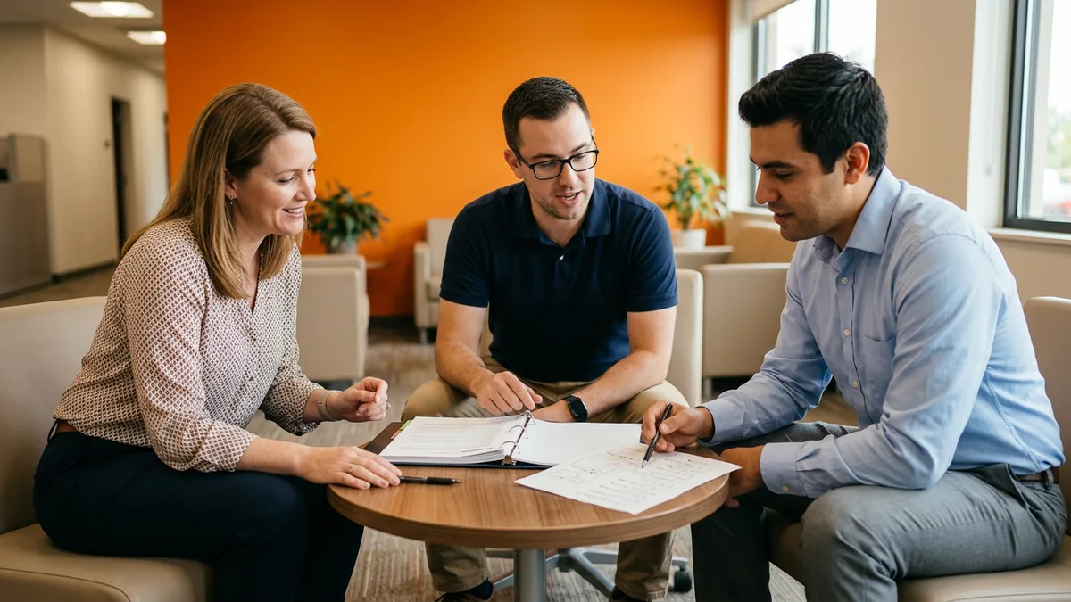 Dealership IT manager working with a co-managed IT team over a printed technology plan