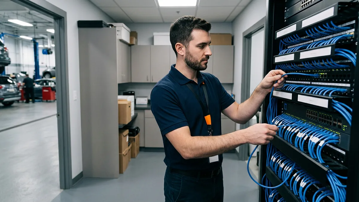 IT technician tracing a patch cable in a car dealership network closet, the part of the dealership technology stack nobody claims