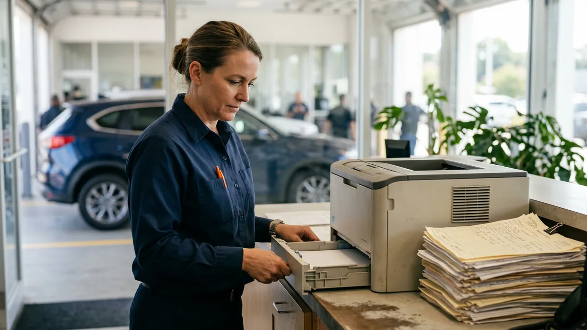 Service advisor checking a laser printer at a dealership service counter, a common gap between DMS support and store hardware