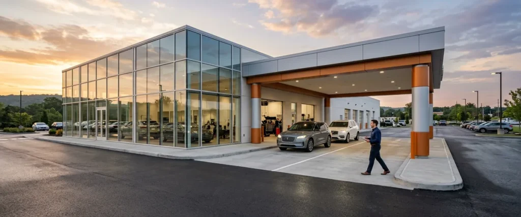 Car dealership showroom and service drive at sunrise, a rooftop whose technology stack spans sales, service, network and security