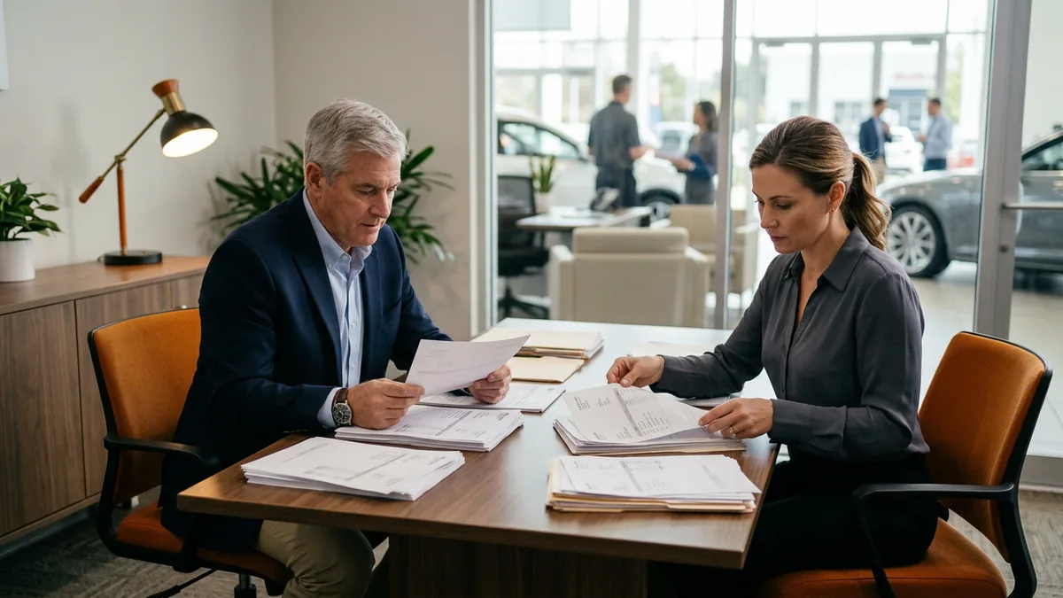 Dealer principal and controller reviewing printed technology vendor invoices on a conference table to map their dealership technology stack