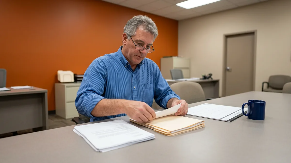 Dealership controller sorting printed vendor breach notices and folders to see which vendors held customer data
