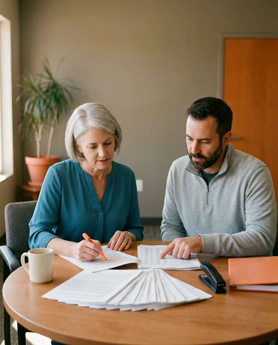 Dealership controller and an IT account engineer working through a stack of printed vendor pages at a round office table