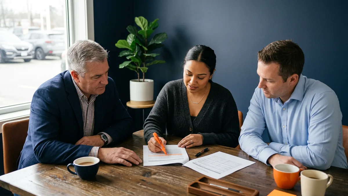 General manager, sales manager and BDC manager reviewing printed CRM activity reports in a weekly meeting