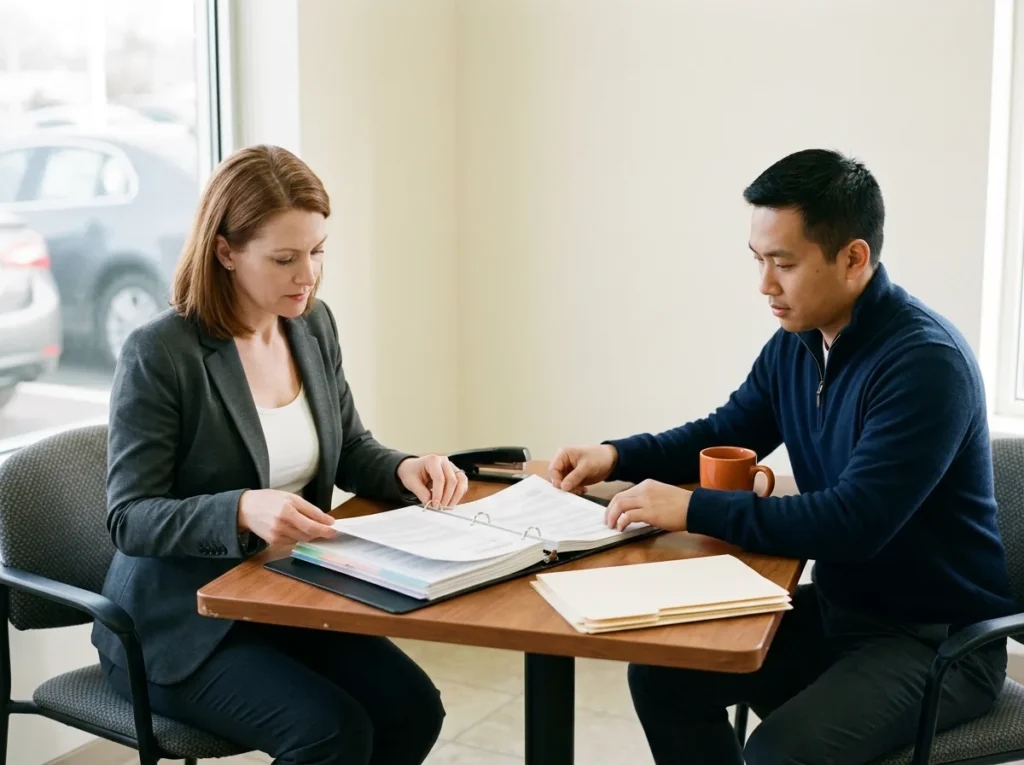 Dealership controller and IT manager sorting printed policies into a tabbed binder at a small conference table