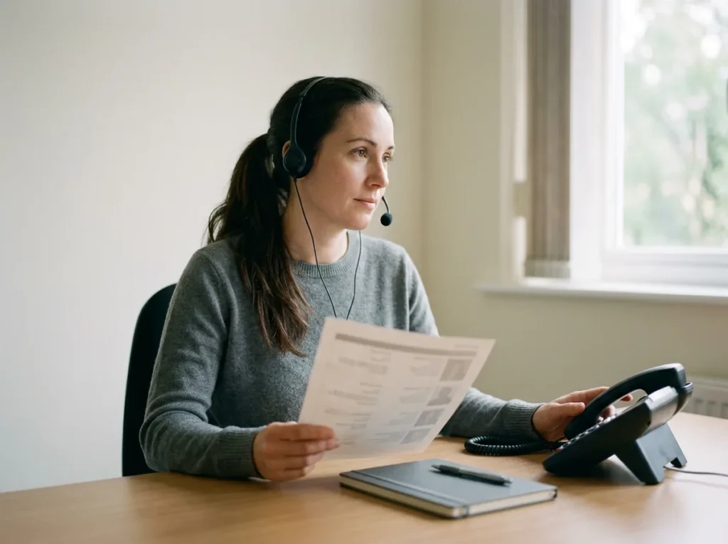 Help desk technician wearing a headset listening carefully to a caller while holding a printed contact sheet at a plain desk