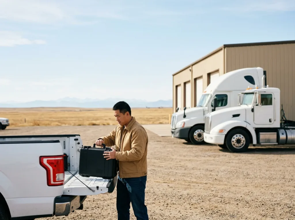 IT field technician lifting a tool case from a white pickup outside a heavy truck dealership on the plains northeast of Denver, the Rockies on the horizon