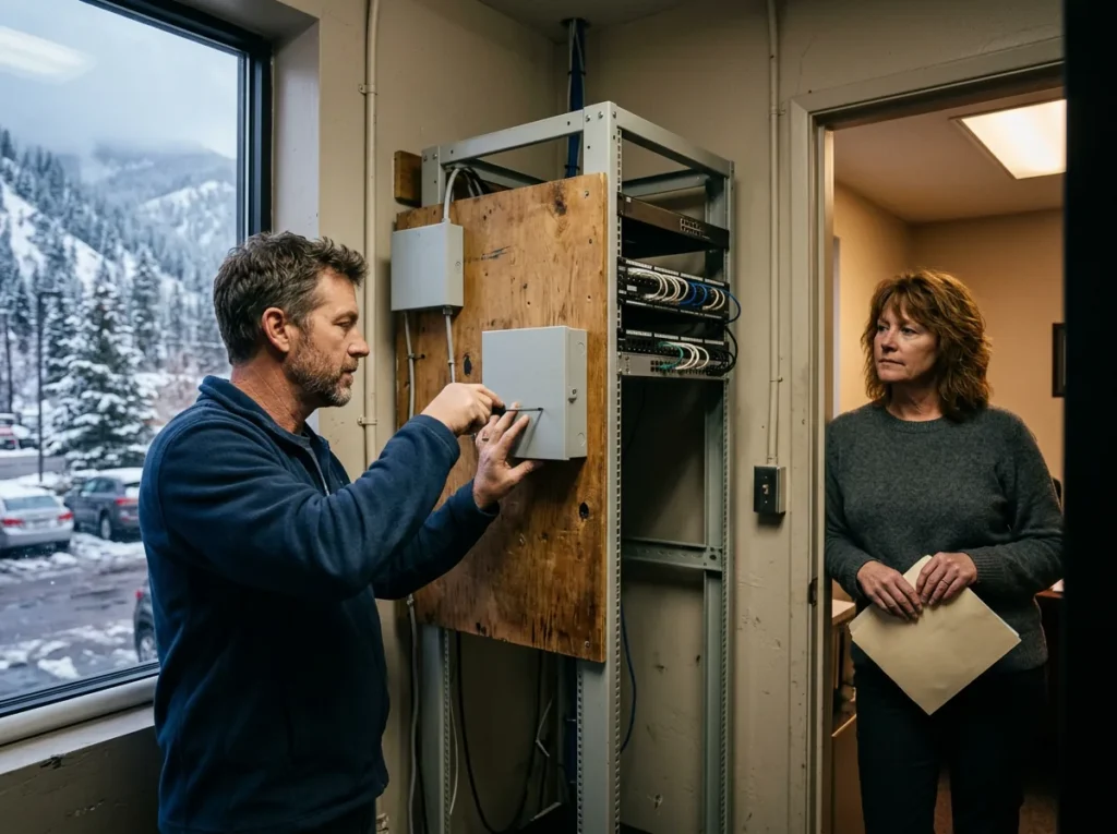 IT field technician mounting a small network box in a mountain-town dealership's network closet while the general manager watches, snowy pine slopes outside