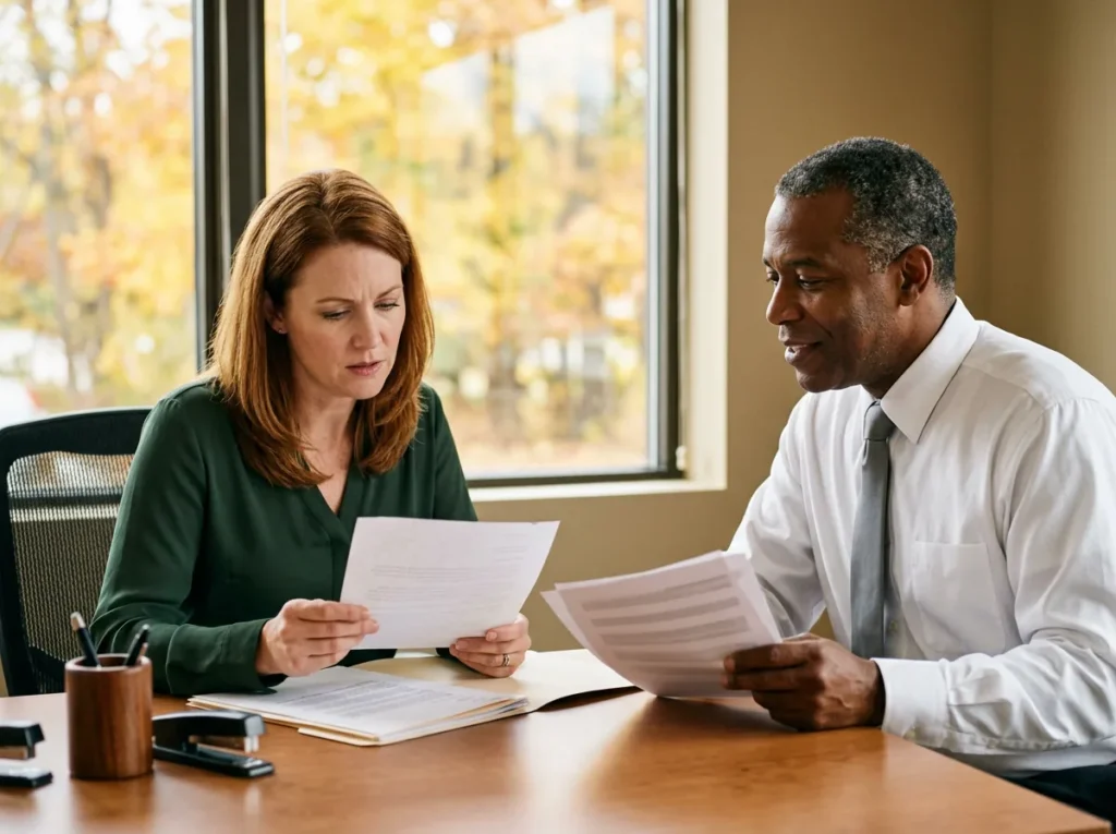 Dealership finance manager reading a printed breach notice letter in the F&I office while the controller leans in with printed pages