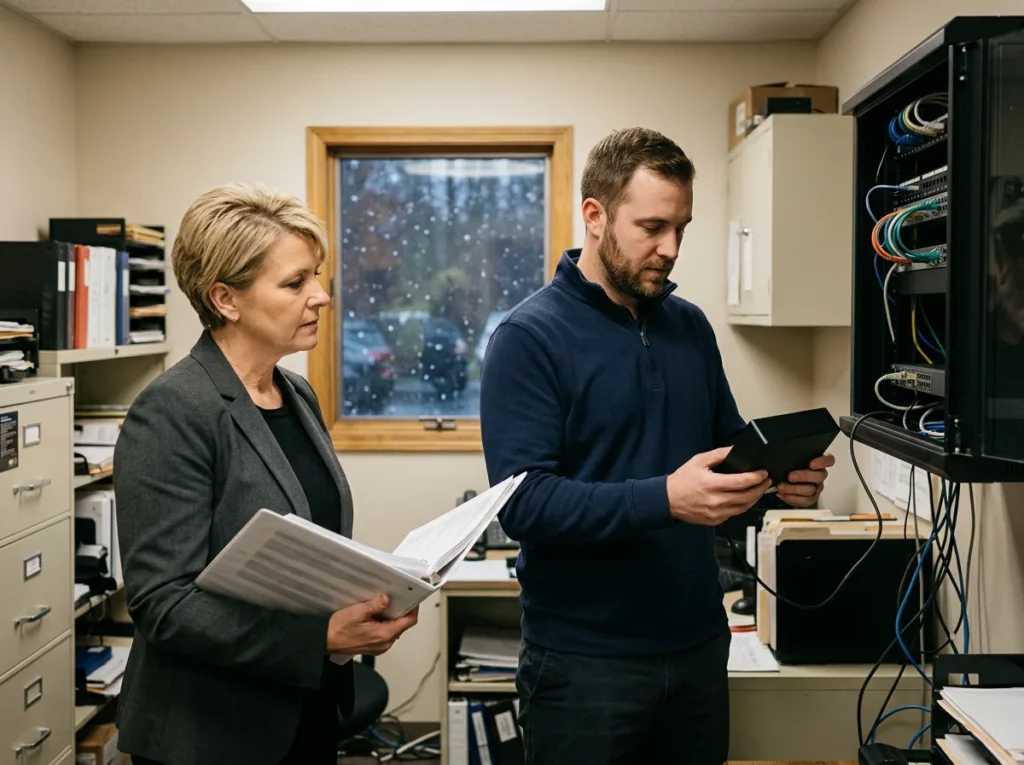 IT field technician holding an unplugged unlabeled device at an open dealership network cabinet as the general manager watches with a binder