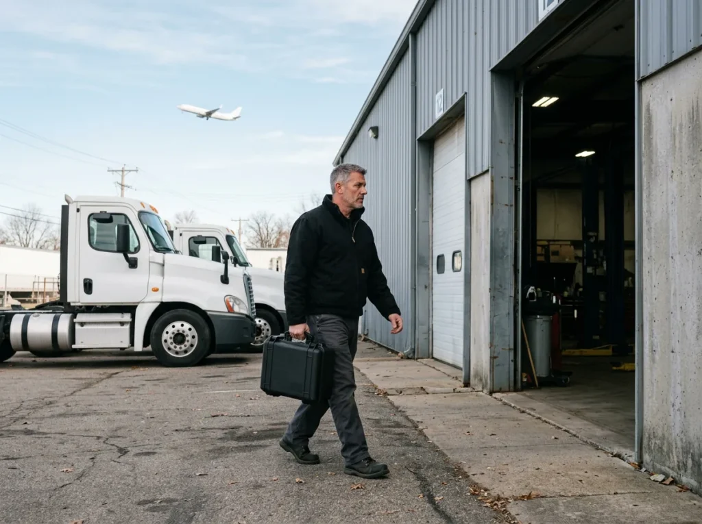 IT field technician carrying a tool case past the service bays of a heavy truck dealership near Detroit Metro Airport as a jet climbs away