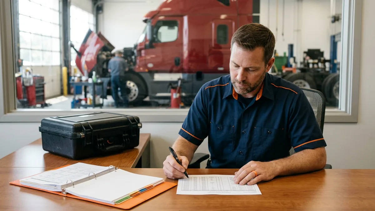 Truck dealership service manager reviewing a printed diagnostic license register beside a closed rugged equipment case
