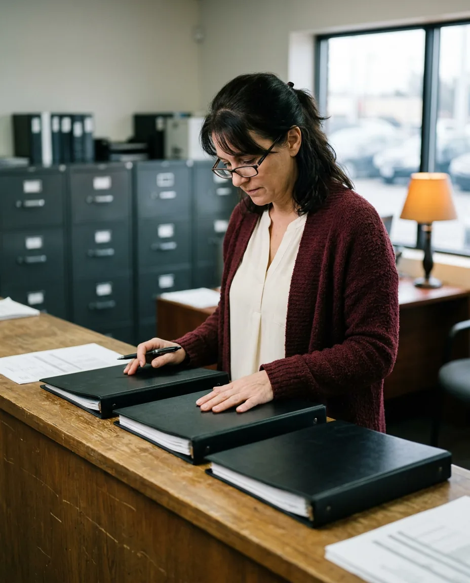Car dealership controller laying printed DMS proposals in black binders side by side on a wooden counter in the accounting office