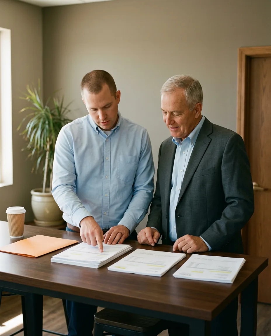 Dealer group IT director and general manager sorting printed vendor invoices into piles on a high-top table