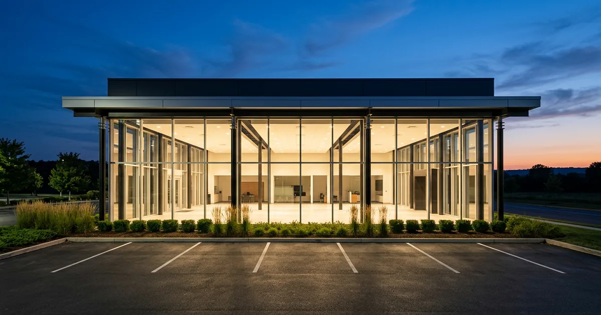 Modern car dealership showroom building at blue hour with a lit glass facade and an empty parking lot