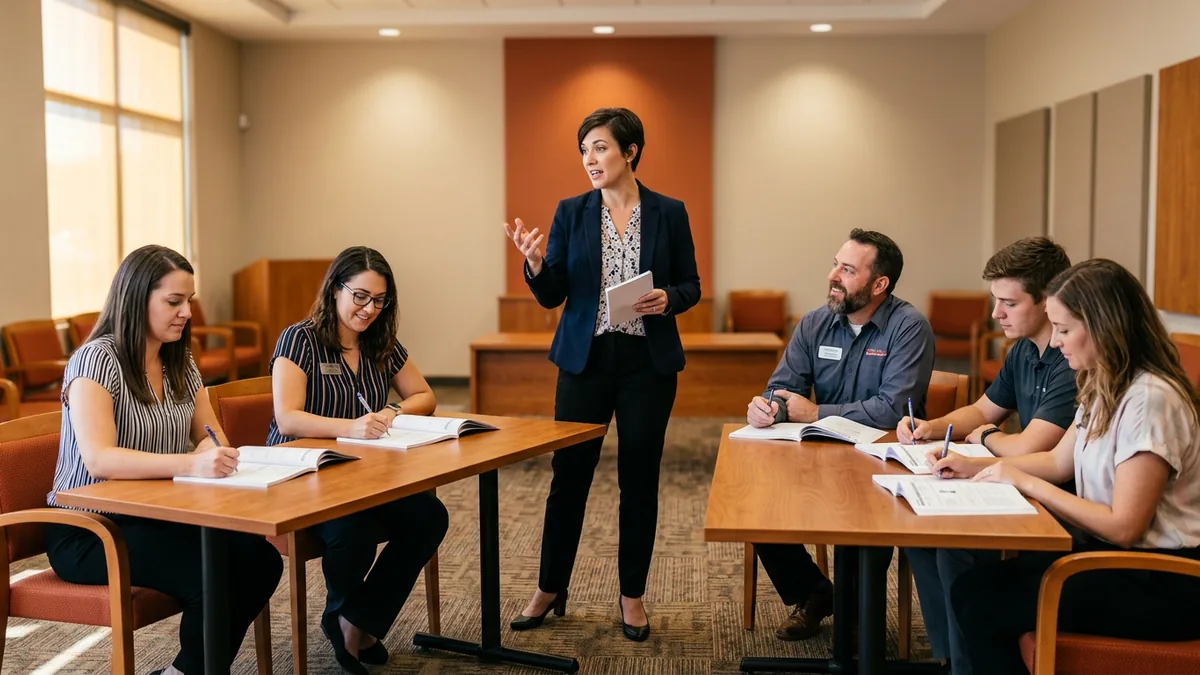 Dealership department champion leading a follow-up training session with printed workbooks after DMS go-live