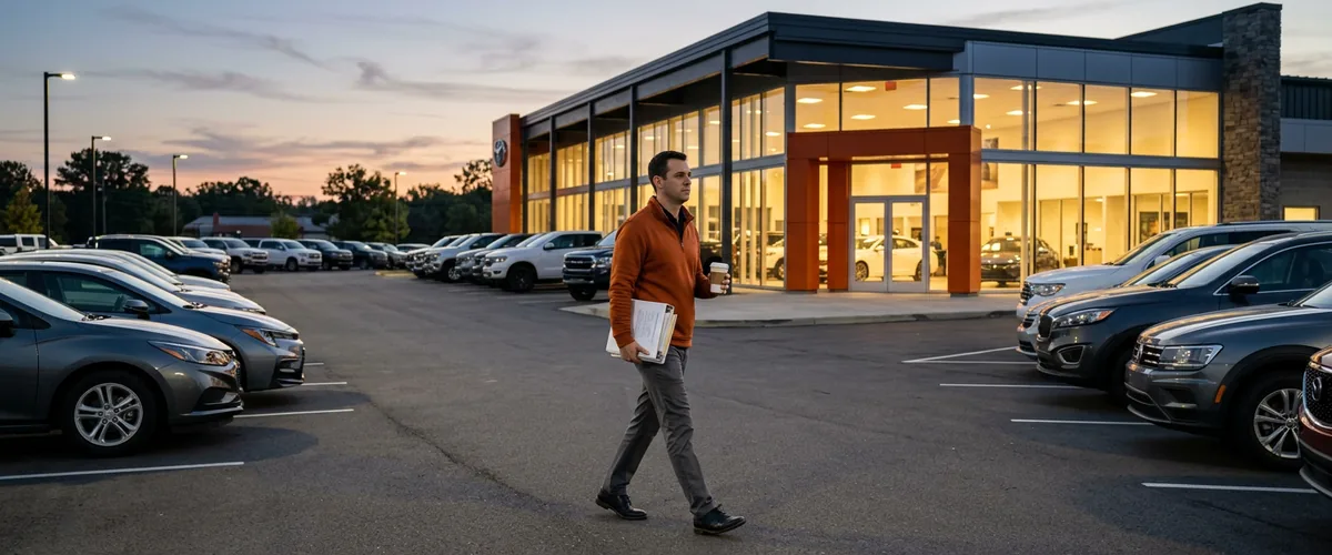 Dealership IT manager carrying a DMS conversion plan binder across a car dealership lot toward the showroom at dawn