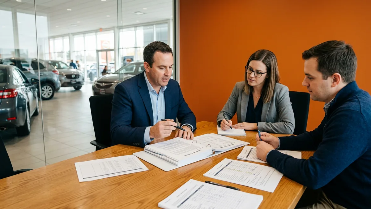Dealer principal, controller and IT manager reviewing a printed DMS conversion checklist binder at a dealership conference table