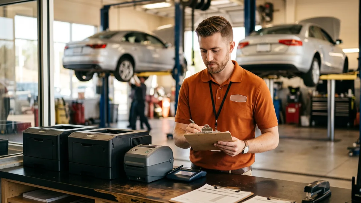 IT technician inventorying printers and a signature pad at a dealership service drive counter before a DMS conversion